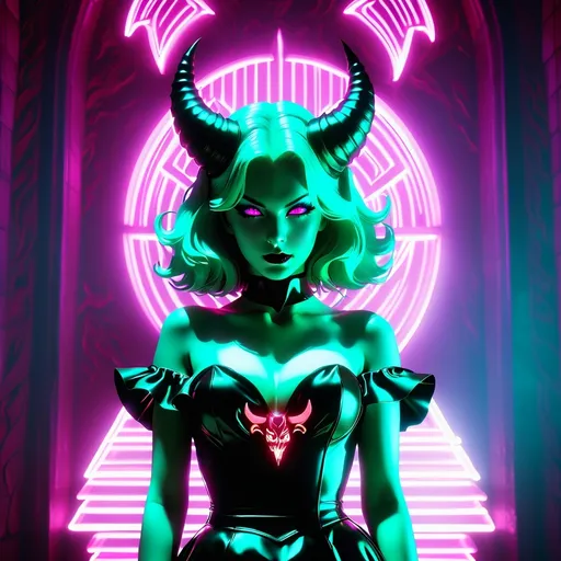 Prompt: beautiful female demon, hell, demonic, gothic, vaporwave, retro, neon, aesthetic, liminal, high quality, high definition, beautiful, dramatic lighting