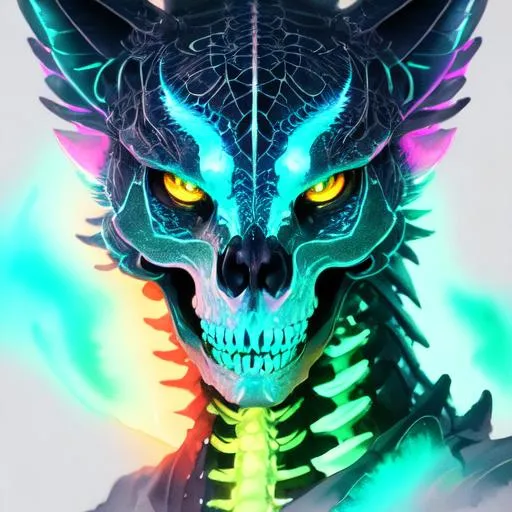 Prompt: Watercolor portrait of a roaring neon skeleton dragon with iridescent black markings and a cute face, perfect composition, hyperrealistic, super detailed, 8k, high quality, trending art, trending on artstation, sharp focus, studio photo, intricate details, highly detailed, by greg rutkowski, illustration, watercolor