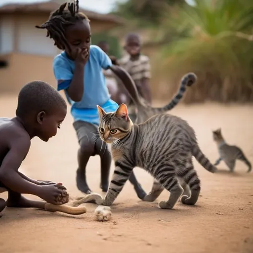 Prompt: A cat playing with african kids near by beach 