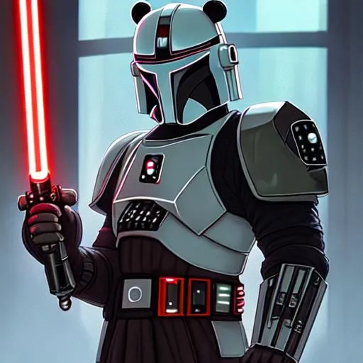 Prompt: cyberpunk panda lightsaber mandalorian