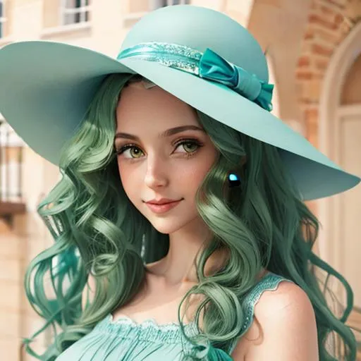 Prompt: Woman with  long, very curly hair, green eyes, wearing sky blue, fancy hat


