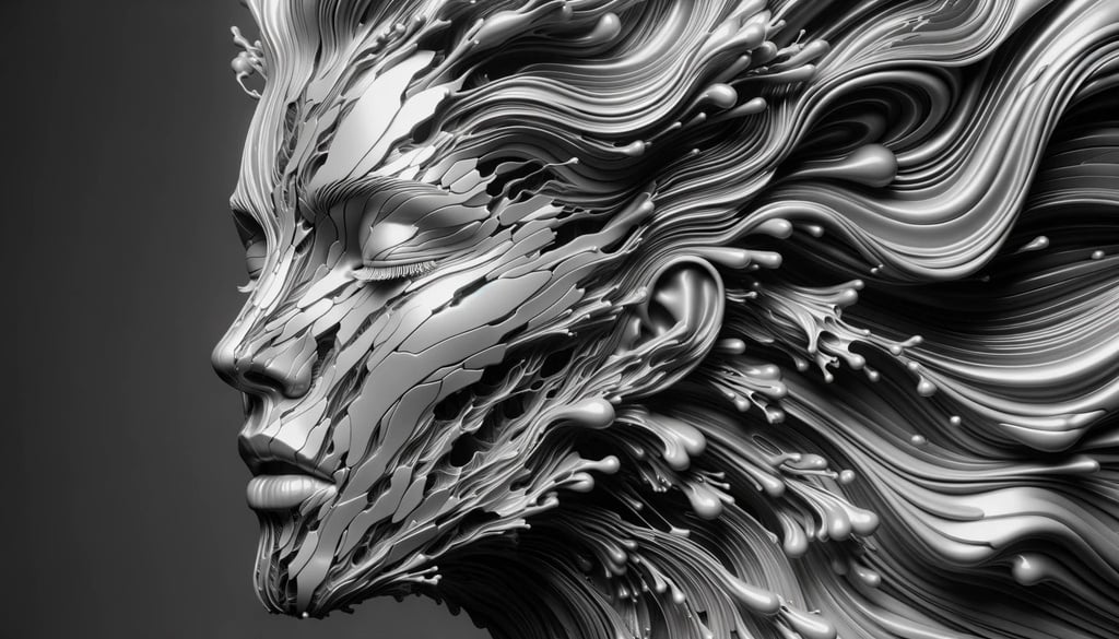 Prompt: A wide image showcasing the fragmented face of a woman, with the appearance of flowing liquid metal and intricate details, reflecting 3D monochromatic art.