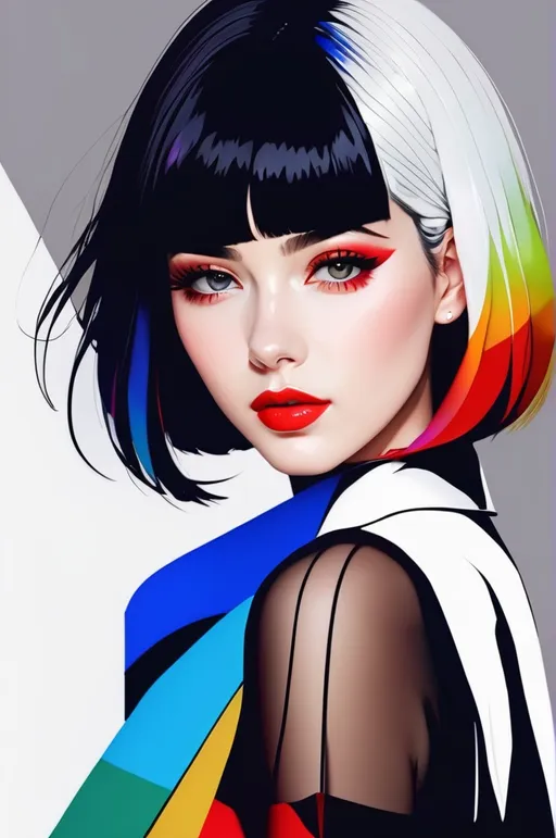 Prompt: 1girl, solo, upper body, natural skin, light frecles, looking at viewer, white background, bob cut, short hair, multicolored hair, makeup, parted lips, red lips, eyeliner,