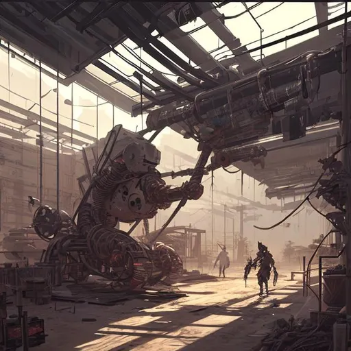 Prompt: Kenshi vibes crafting indoor machinery robots crafting benches, worktables, industrial atmosphere, digital art style abstract brushstrokes inside a building 70's science fiction retrofuturism