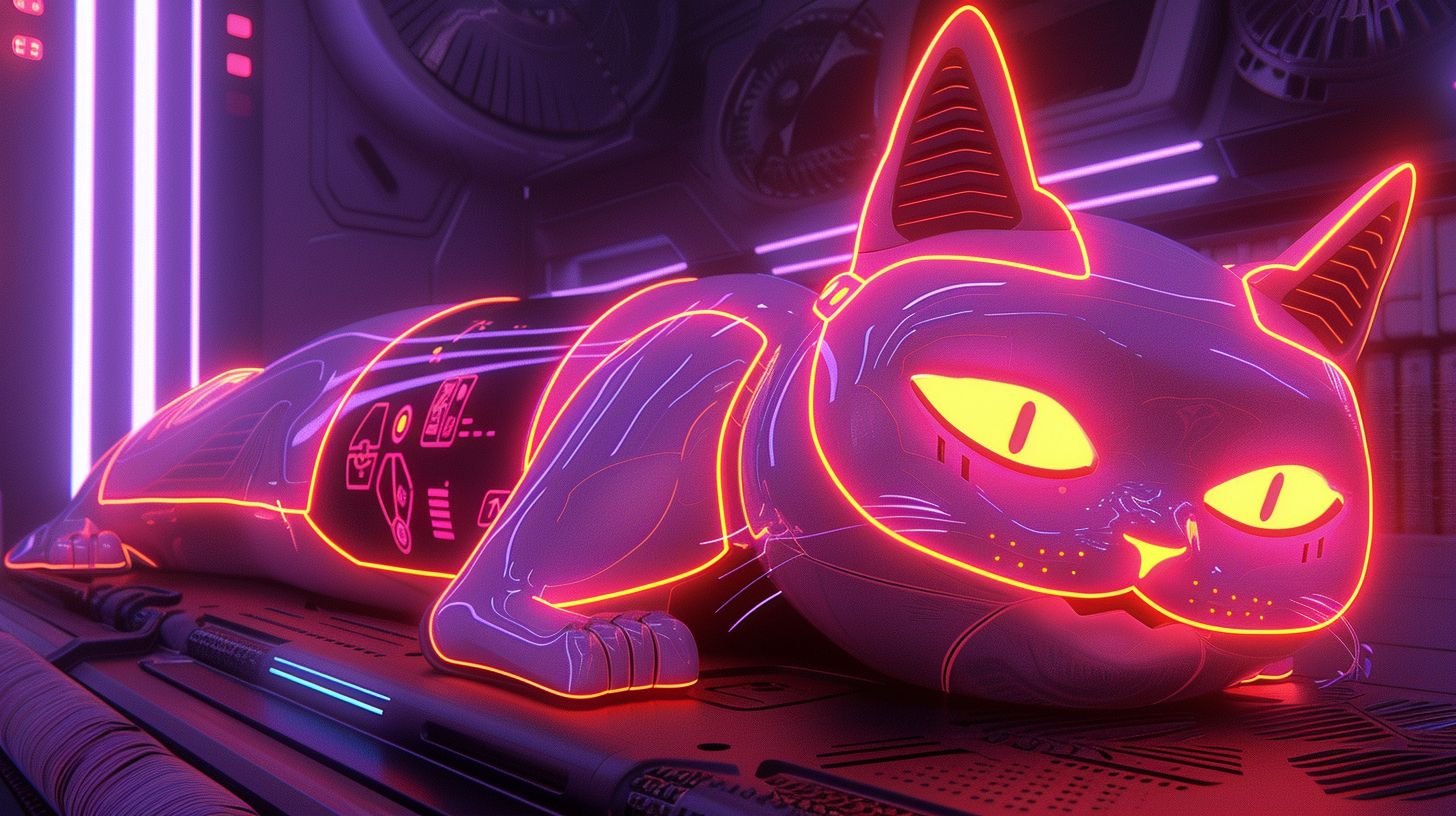 Prompt: Vibrant anime cat-themed robot, in an asymmetrical grid, diverse blocky and fluid shapes, animated GIFs, dark silver with orange and neon green accents, heavy catcore influence with a tail and feline movements, dynamic cartoon mise-en-scène, 2D.