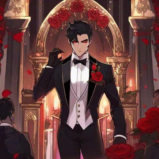 Prompt: Damien  (male, short black hair, red eyes) demon form, wearing a tuxedo, standing at the altar, biting his lip seductively, holding out a rose, wearing a crown
