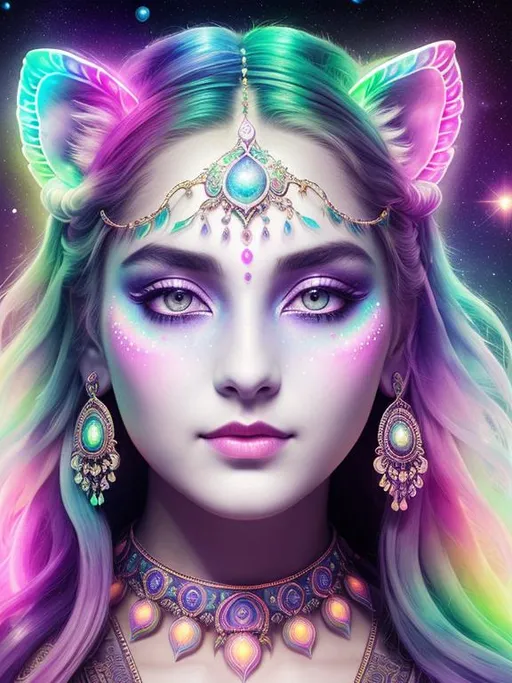 Prompt: adorable female goddess, 25 years old, with her panther, ultra-detailed fractal piezoluminescence makeup, detailed rainbow galaxy background, ancient colors, muted colors, soft colors, sharp focus, intricate details, highly detailed, by Anna Dittmann, Gerhard Richter, Rubens, Larry Bud Melman