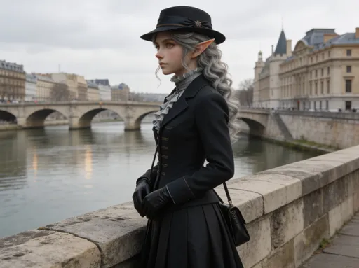 Prompt: @bwVFv67blcAsjj42INDMsingle character, photorealistic cinematic portrait of a youthful elven woman standing alone on a stone riverside embankment in a late-19th-century European city, circa 1890. Vertical composition, elegant side-profile view, upper body to mid-skirt visible. She stands near the parapet beside a calm river, with an arched stone bridge and refined historic buildings in the background. Remove the Eiffel Tower completely. The background should show only period-appropriate architecture, soft distant rooftops, muted river reflections, and a quiet overcast sky. Any signs or written details must be blurred or unreadable.
She has a distinctly youthful elven appearance: soft oval face, delicate chin, subtle pointed ears, smooth realistic skin, a faint natural blush, and warm amber eyes. She wears a stylish 1890s dark hat with a narrow brim, gathered ribbon, and small decorative trim, elegant but restrained. Do not describe the hairstyle. No glasses or other optical accessories.
Her expression is subtle and refined. She looks slightly downward in profile with calm, self-contained emotion. Her eyelids are gently lowered, her gaze soft and inward-looking, and her brows relaxed with only a faint hint of thoughtful sensitivity. Her lips form a small restrained smile, almost private, suggesting quiet satisfaction, modest confidence, and reflective warmth. Her cheek rests near the fingers of one gloved hand, creating a graceful contemplative pose. The face should feel delicate, feminine, youthful, and emotionally nuanced rather than dramatic.
Her clothing is based on the reference image but rendered in realistic 1890s style: a fitted dark tailored jacket with a defined waist, structured seams, and modest cuffs over a high-neck blouse with a subtle ruffled collar. She wears black gloves and carries a small elegant dark leather shoulder bag tucked beneath her arm. Her skirt is long, full, and dark, falling in heavy realistic folds and fully covering the legs with no exposed areas.
Lighting is soft natural daylight with a subdued atmospheric glow, realistic skin tones, gentle highlights on the hat, jacket, gloves, and bag, and cool reflections from the river. Emphasize realistic fabric texture, polished leather, stone parapet texture, soft depth of field, and a quiet refined mood of solitary reflection on a 1890s riverside promenade.