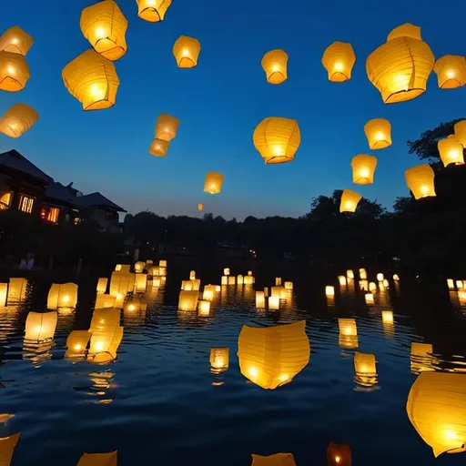 Prompt: floating lanterns at midnight