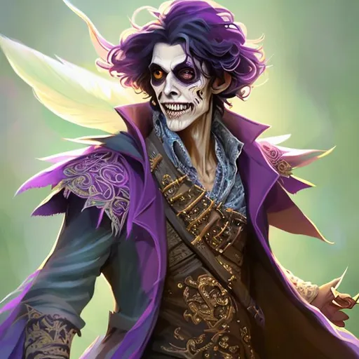 Prompt: Full body splash art of a sweet, young, smiling male undead zombie bard, mummified face, closed eyes, shoulder long black hair, skinny, bony, plum purple noble clothes with puffy sleeves, wearing a floppy hat with feathers, D&D, dnd, fantasy, highly detailed, intricate, sharp focus, digital painting, trending on artstation, 4k, 8k, unreal engine