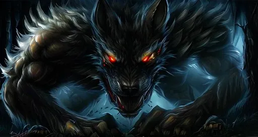 Prompt: fantasy werewolf red eyes sharp claws realistic painting