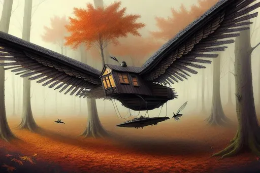 Prompt: surreal concept art of a strange winged cabin flying in an autumnal forest, foggy, gloomy, lots of details, intricate scene, correct, digital painting, fine tuned,  64k