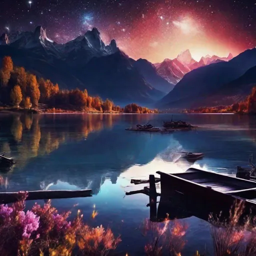 Prompt: + night, A fantastic scenery of the sky at night with colorful stars and a wide lake surrounded by a a range of high mountains, whipers of wind, reflection,  intricate beautiful, dramatic, very attractive, award winning, wallpaper, crisp quality