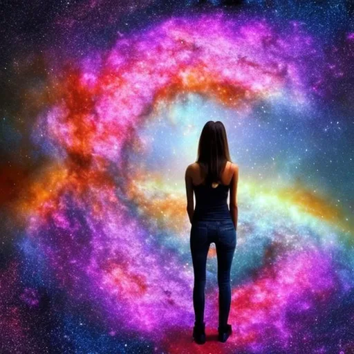 Prompt: woman stands in an infinite galaxy