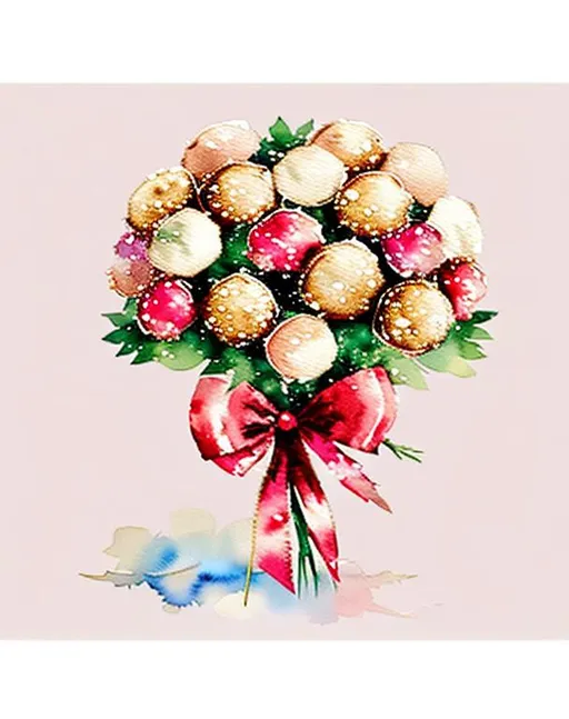 Prompt: cute, watercolour art style, impressionism art style,  romanticism art style, ferrero rocher bouquet, pink, red, gold colour, ribbon with bow around the bouquet, white backround, 