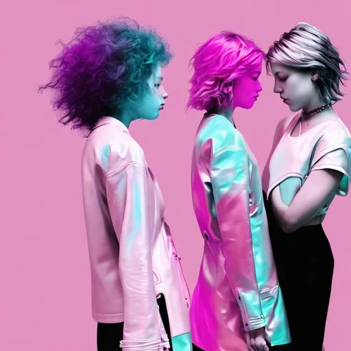 Prompt: Cover for a music album - for 2 sapphic lovers pink silver genderfluid - can’t see face -  guitar music - piano music - can’t see face - abstract - backs turned to the camera