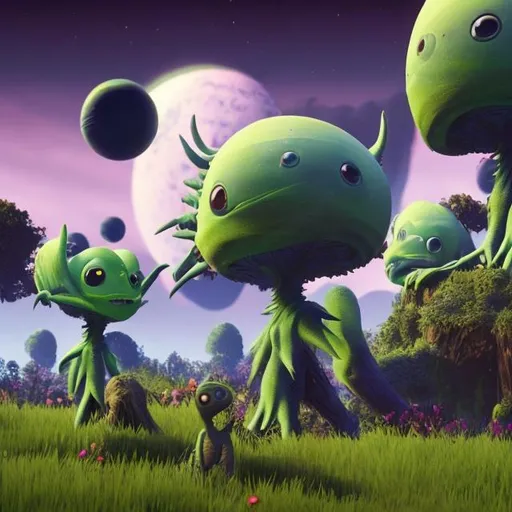 Prompt: Something hurtles down from the sky on a lush beautiful planet as alien creatures watch from afar
