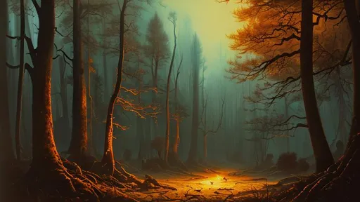 Prompt: A landscape painting of a dark forest, natural lighting, dark colours,  pulp fiction novel cover