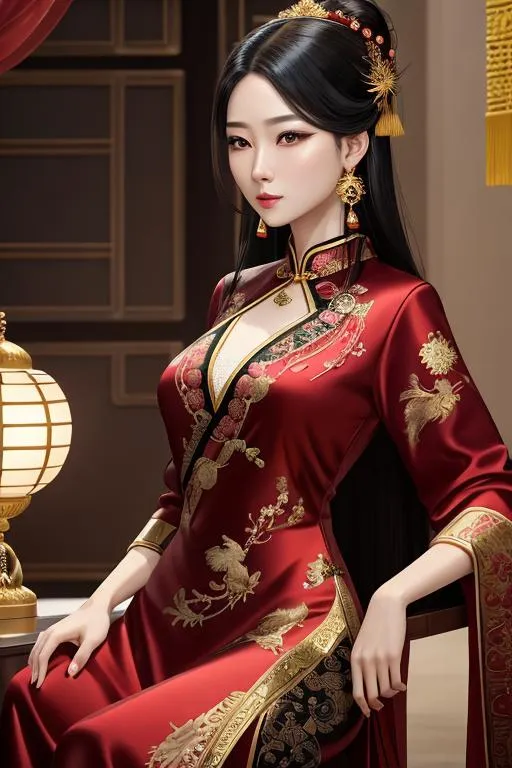 Prompt: (masterpiece, 8K, UHD, official art, digital art:1.3), (elegant Chinese woman:1.2), (almond-shaped brown eyes:1.1), (jet-black hair:1.2) adorned with jade hairpins, ornate earrings, wearing (decorative red silk dress:1.4), intricate gold embroidery, phoenix patterns, flowing sleeves, gracefully moving, ancient courtyard, blooming cherry blossoms, stone lanterns, golden sunset, reflecting pond with koi fish, traditional pavilion, soft shimmering light, vibrant, intricate shadow play, side view, immersed in timeless beauty.