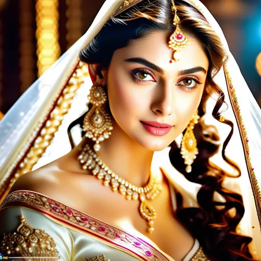 Prompt: Fantasy!! UHD, 4k, 8k, 64k, portrait up close, upper torso character ultra quality, cinematic, bright face, beautiful girl actress aditi rao hydari wearing white silk fairytale wedding gown sweeping the floor ,intricate artwork detailed,  perfect oval face, detailed perfect lips, detailed perfect slim nose, detailed eyelashes mascara, long flowing hair, detailed shining reflection eyes, full colours detailed, isometric, 3D, octane render, wide angle lens, movie concept art, corona render, epoc perspective, masterpiece, stunning 