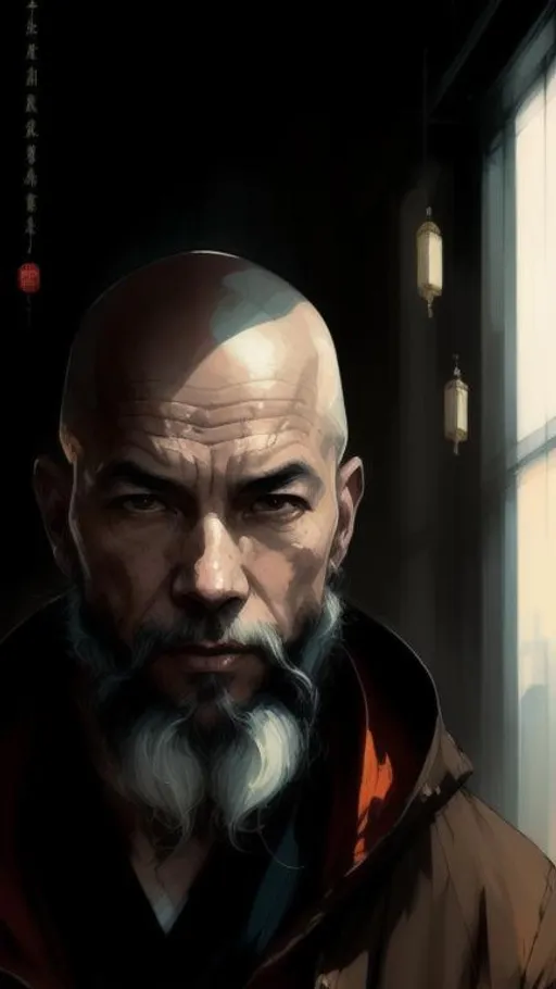 Prompt: Beautiful chinese monk old bald, Ben Bauchau, Michael Garmash, Daniel F Gerhartz, Clint Cearley, Carne Griffiths, Jean Baptiste Monge, strybk style, warm dreamy lighting, matte background, volumetric lighting, pulp adventure style, fluid acrylic, dynamic gradients, bold color, illustration, highly detailed, simple, smooth and clean vector curves, vector art, smooth, johan grenier, character design, 3d shadowing, fanbox, cinematic, ornate motifs, elegant organic framing, hyperrealism, posterized, masterpiece collection, bright lush colors, TXAA, penumbra, alcohol paint, wet gouache, dark paranormal, concept art, h.r. giger, jeremy geddes, airbrush, sublime composition, + 36.5 mm f0 cinematic quality , low horizon, layered insanity detailed texture , lithographic style, dim dusk, atmospheric lighting, 32K, , low poly, isometric art, 3d art, high detail, artstation, concept art, behance, ray tracing, smooth, sharp focus, ethereal lighting