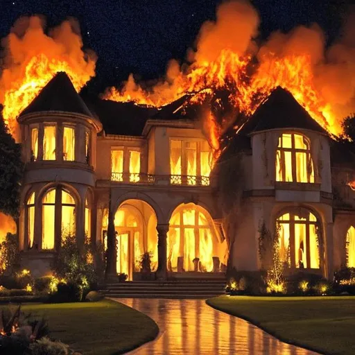 Prompt: massive french manner home on fire, night, bright fire, flames, night time