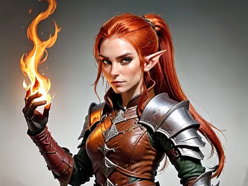 Prompt: Red hair with in a ponytail. Female elven pyromancer. Brown leather armor with no metal.