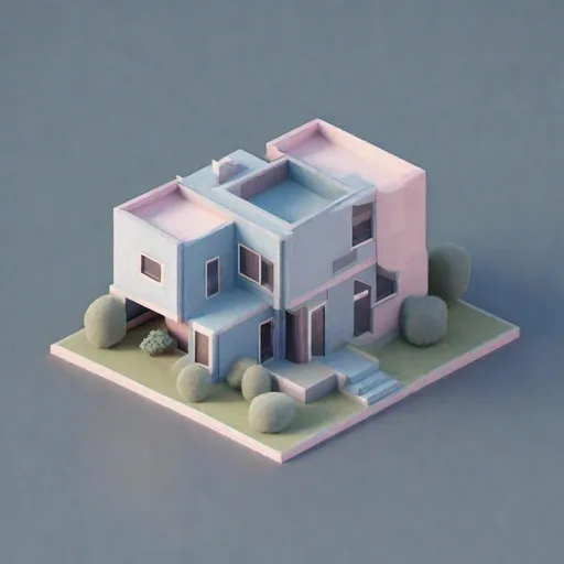 Prompt: Tiny cute isometric brutalist house, soft smooth lighting, soft colors, soft colors, 100mm lens, 3d blender render, trending on polycount, modular constructivism, blue blackground, physically based rendering, centered