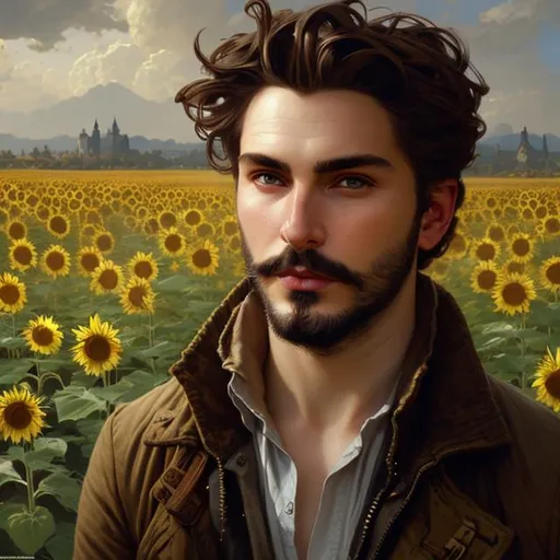 Prompt: Splash art portrait of ruggedly handsome, androgynous, dark brown haired man with short hair, light facial hair stubble, 30 years old, in a sunflower field, victorian light clothes, elegant, highly detailed, intricate, smooth, sharp focus, artstation, digital painting, concept art, art by greg rutkowski, alphonse mucha and John William Waterhouse, light, romantic, happy, soft, gentle, golden, warm, summer