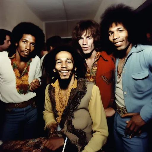 Prompt: bob marley, jimi hendrix and Jim Morrison in a 70's backstage party. realistic photography 