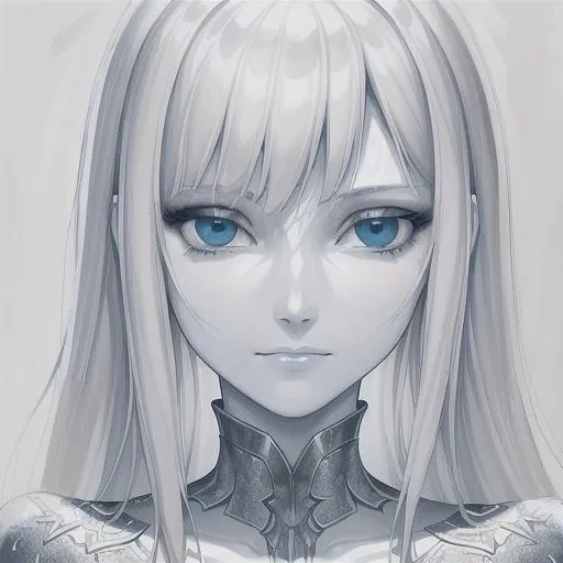Prompt: (masterpiece, digital painting, monochrome, illustration, best quality:1.2), (face close-up), solid white background, lady, solo, expressionless, calm demeanor, pale skin, condensation on skin, symmetrical eyelashes, blue detailed eyes, beautiful detailed irises, detailed eyelashes blue eyes, looking away from viewer, light gray hair, medium layered hairstyle, thick lips, finger on lip, large eyes, side fringes, hair between eyes, bare shoulders, mage robe,  pauldrons, frosted skin, frosted clothing, icicles  (soft lighting, ambient lighting, dark color palette, film grain, raytracing grain, detailed eyelashes, detailed frosting, detailed eyes)