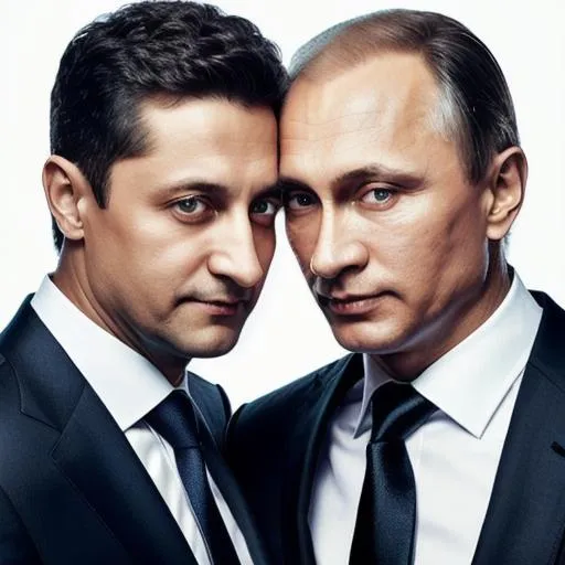 Prompt: Please produce photography of Vladimir Vladimirovich Putin & Volodymyr Zelenskyy hugging forming heart shape, symmetrical face, Bright eyes with highlights . professional lighting, highly detailed in the photography style of Petter Hegre art by greg rutkowski slightly open sensual mouth professionally retouched