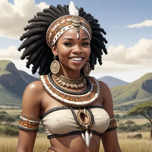 Prompt: Full body, Fantasy illustration of a zulu woman, 26 years old, amused expression, traditional garment, curly black hair, high quality, rpg-fantasy, detailed, south african landscape background