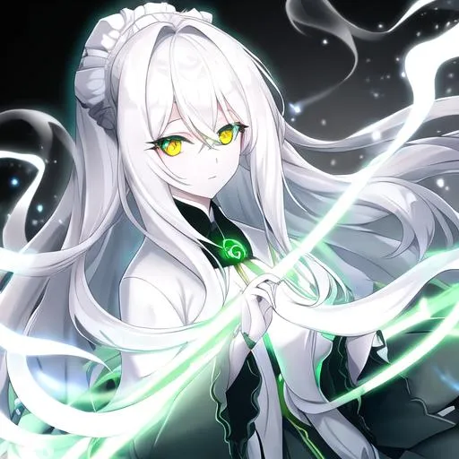 Prompt: female ghost (long white hair, slightly pale skin, glowing green eyes), UHD, 8K, 
