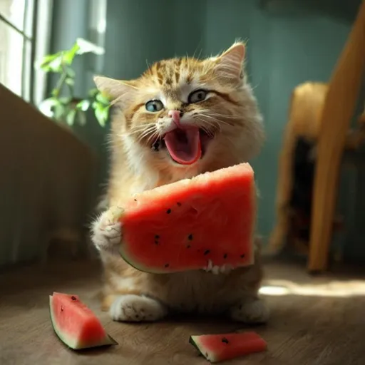 Prompt: Cat, eat, watermelon,