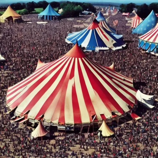 Prompt: Grateful Dead fair. massive circus tents millions of people
