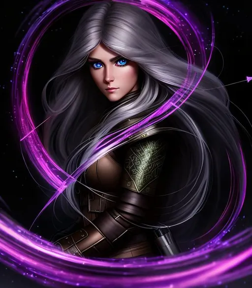 Prompt: Skeptical, Inquisitive Perceptive Keen 3D HD Intelligent Scoundrel Dusty {Archer}Female, Beautiful big reflective eyes, long flowing hair, hyper realistic, 8K dark forest background --s99500