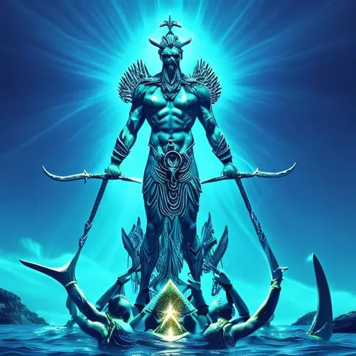 Prompt: Poseidons trident hitting the ground with a blinding vivid aqua light with all of human kind forming a pyramid for poseidon



