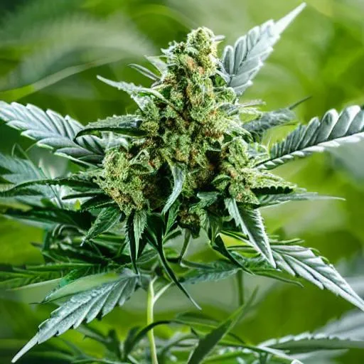 Prompt: Abphotorealistic closeup of a female cannabis plant in late flowering stage with large dense flowers and huge leaves on a black background 