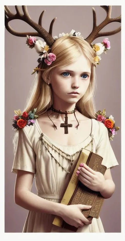 Prompt: Blond girl with flowers in her hair, antlers, crucifix around her neck, wearing a dress, holding a bible