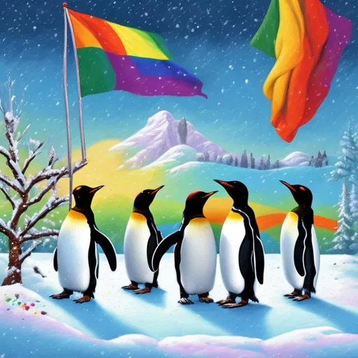 Prompt: Penguins parading with a LGBTQ+ pride flag in a snowy landscape oil painting pop art christm,as tree

