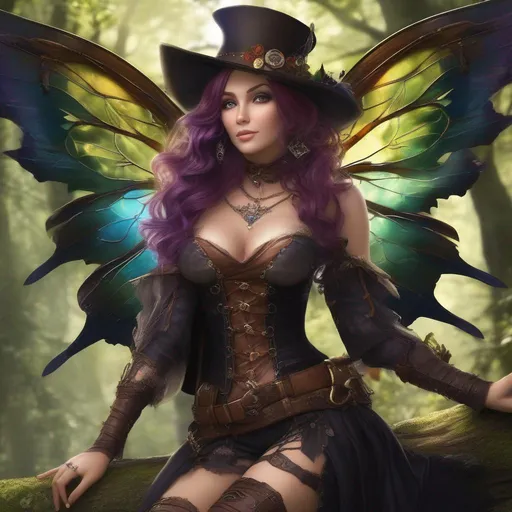 Prompt: ((Epic)). ((Cinematic)). Shes a ((colorful)), Steam Punk, gothic, witch. (spectacular), Winged fairy, with a skimpy, ((colorful)), ((gossamer)), flowing outfit, standing in a forest by a village. ((Wide angle)). ((Detailed Illustration)). ((8k)).  Full body in shot. ((Hyper real painting)). ((Photo real)). An ((extremely beautiful)), buxom,  shapely woman with, ((Anatomically real human hands)), and ((vivid)), ((colorful)), ((extremely bright eyes)). A ((pristine Halloween night)). (Concept style). Rays of light. Lens flares. (Celestial). (Sony a7 IV)