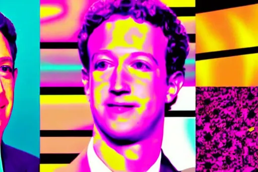 Prompt: Trippy Vaporwave Pop art uncanny Portrait of (Mark Zuckerberg) awkward bizarre anxious cultural icon face Warhol Wallpaper