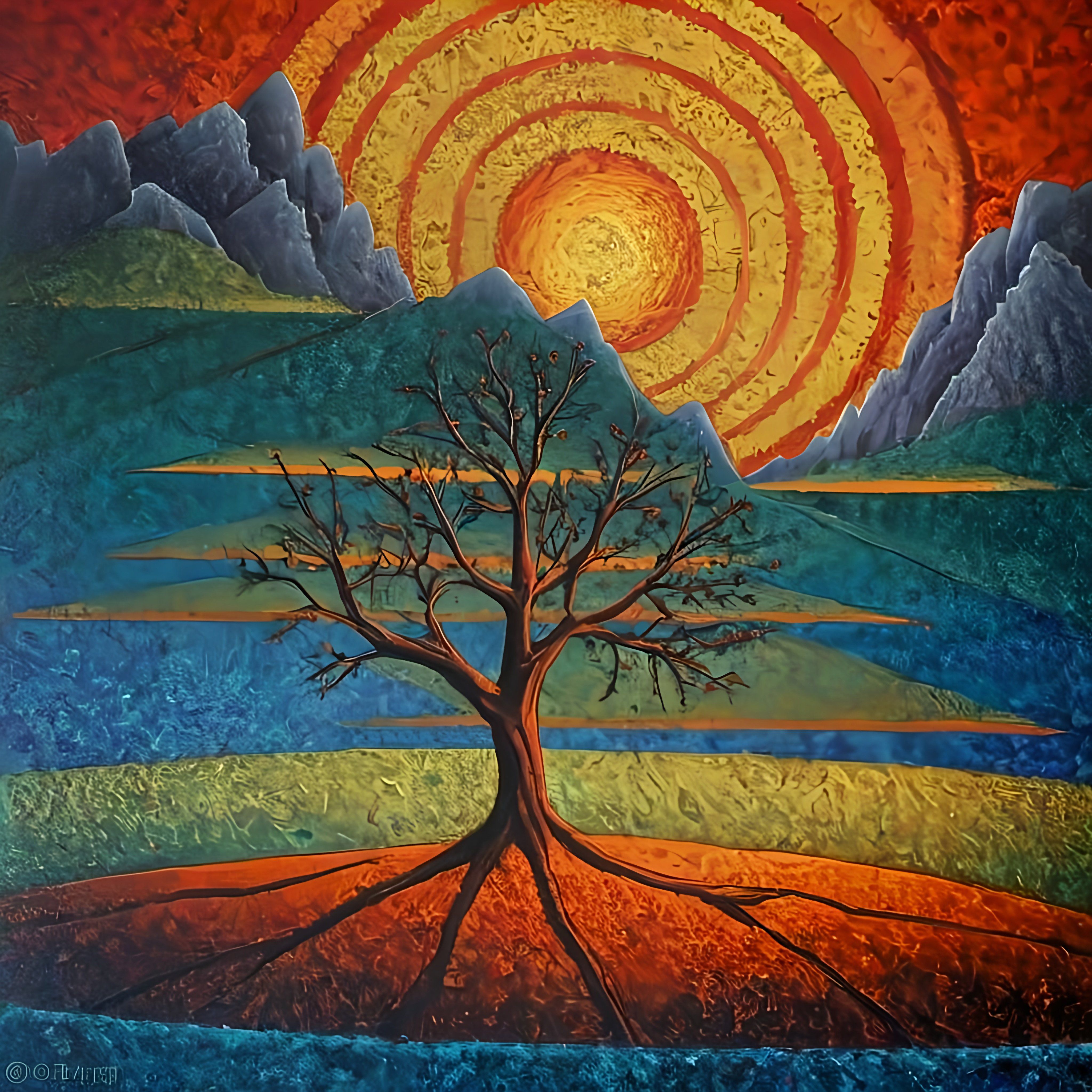 Prompt: a painting of a tree with a sunset in the background and mountains in the foreground with a red sky, metaphysical painting, intricate oil painting, an ultrafine detailed painting