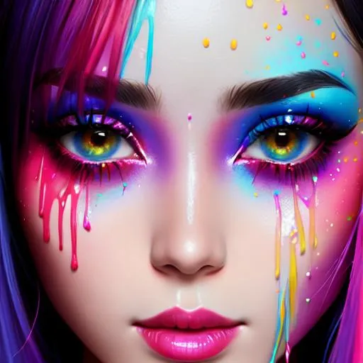 female face dripping paint in rainbow colors, facia... | OpenArt