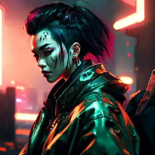 Prompt: beautiful pale cyberpunk asian female with heavy black eyeliner,  short hair, deep red lip, face tattoos, hyper detail, cinematic lighting, black hair, neon light city, 4k, trending on artstation, pixiv, perfect detail, Jeremy Mann, Rutkowski, and other Artstation illustrators, intricate details, face, full body portrait, headshot, illustration, UHD, 4K, high resolution face, detailed face, high definition eyes, detailed eyes