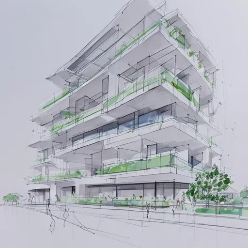 Prompt: Contemporary building sketch with line drawings with water colours