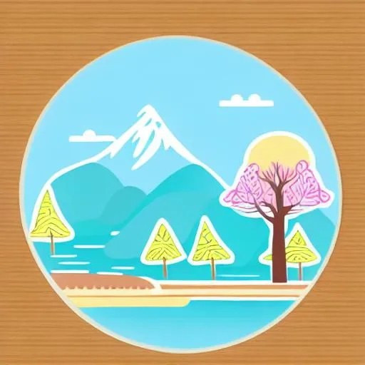 Prompt: Die-cut sticker, Cute kawaii sticker, a river in the trees, Pacific Northwest, illustration minimalism, vector, pastel colors