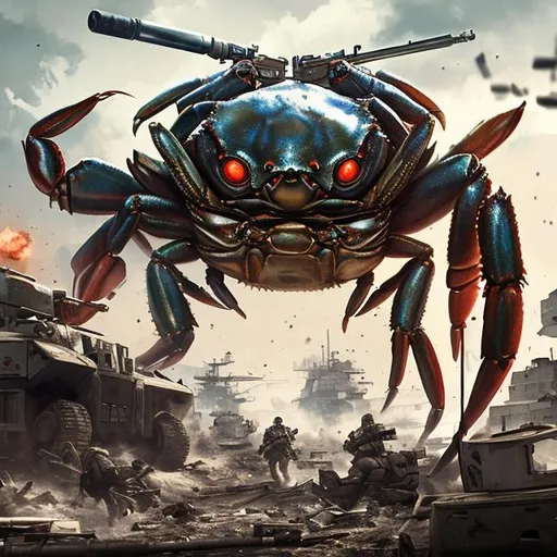 Prompt: big crab with a machine gun in the middle of a war zone, ultra realistic, behance, art station