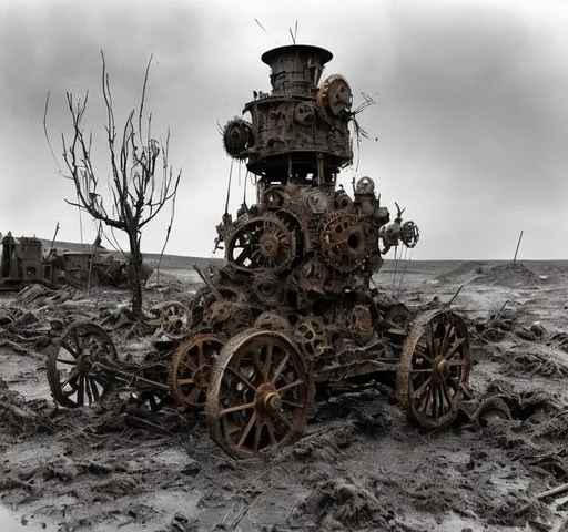 Prompt: A steampunk turret is mounted on top of A battered steampunk war carriage on the battlefields of ww1. barbed wire, trenches, dead soldiers and horses litter the muddy and destroyed terrain. Burned tree stumps smoilder in the background.